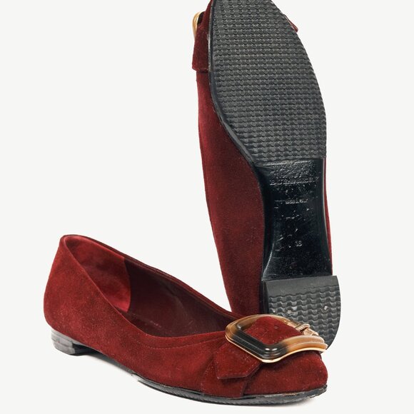 Burberry Leygreen Mahogany Red Suede Trench Buckle Ballerina Flats - Picture 5 of 13